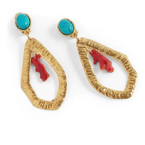 Sylvia Toledano Coral and Turquoise Corail Drop Bold 22k GP Drop Clip Earrings - Picture 11 of 11